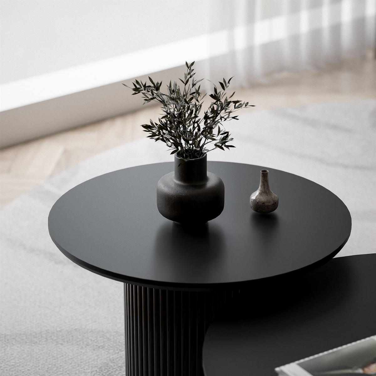 COUCHTISCH-SET OVI mit geriffeltem Sockel - Schwarz, Holzwerkstoff (80/80/42cm) - Lookway