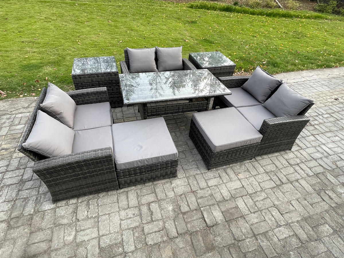 GARTENMÖBELSET mit Zweisitzer,2 Hockern,Esstisch,2 Beistelltischen Polyrattan Dunkelgrau 8-Sitzer - Dunkelgrau/Grau, Glas/Kunststoff - Fimous