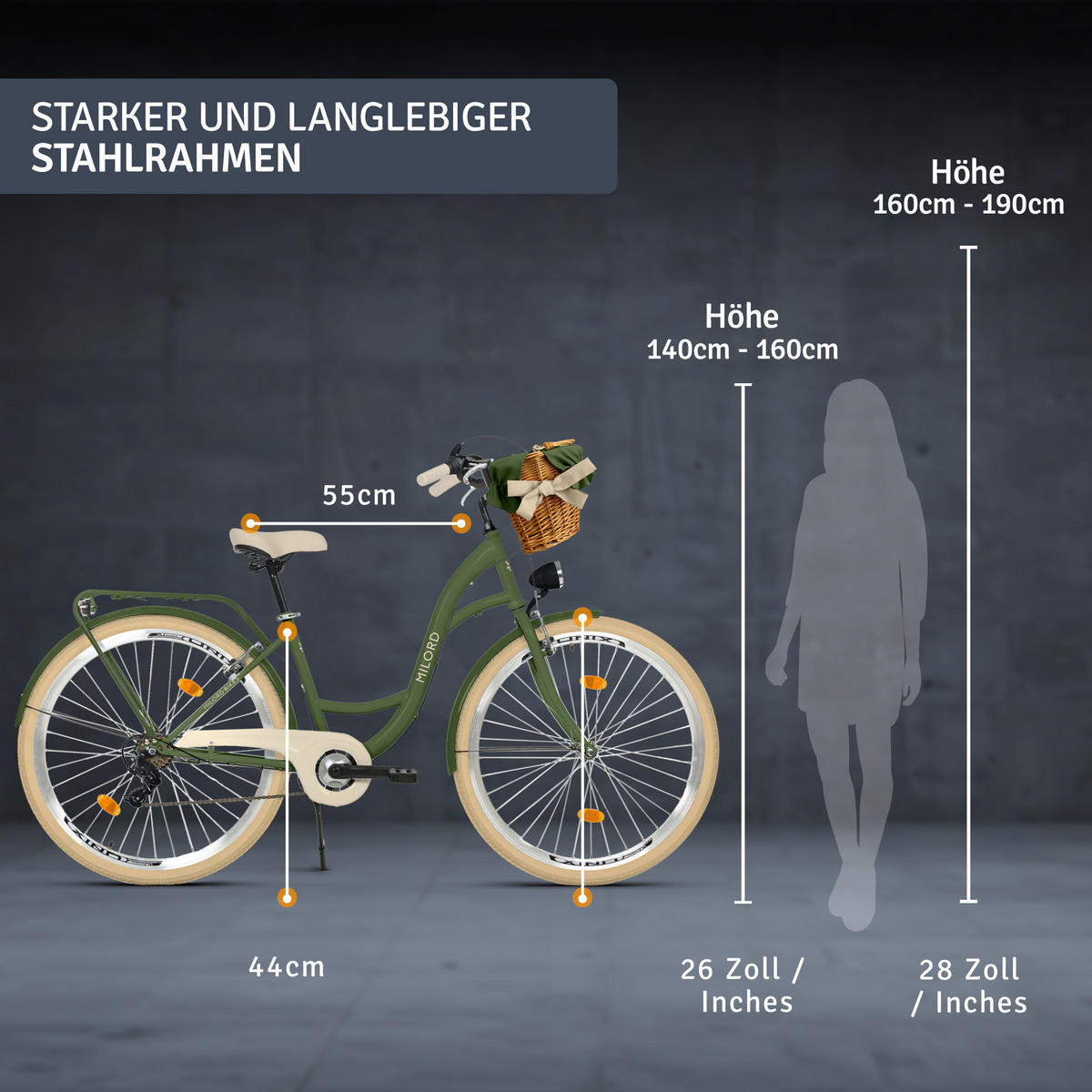 CITY-FAHRRAD Milord mit Weidenkorb, 28 Zoll, Khaki, 7-Gang - Grün, Metall (46cm) - Milordbikes