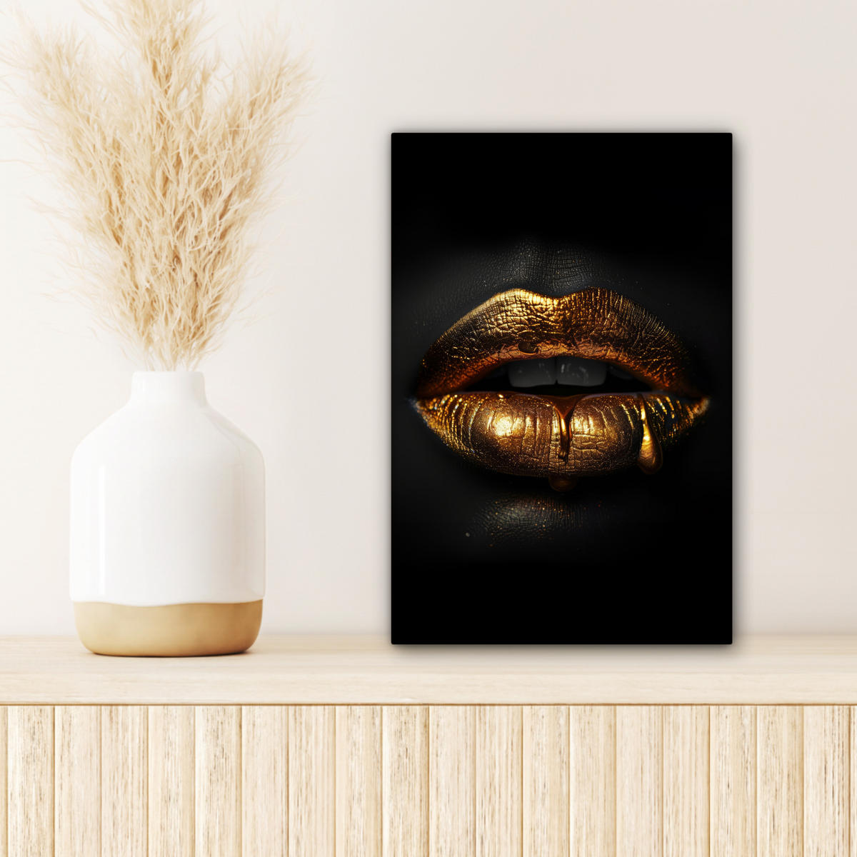 LEINWANDBILD Frau - Porträt - Lippen - Gold - Schwarz 20x30 cm - Schwarz, Textil (20/30cm) - MuchoWow