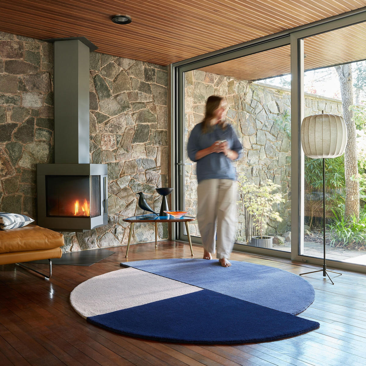 WOLLTEPPICH Segment Muster, Geometrisch, Wohnzimmer Blau-Beige Rund 150x150 - Blau, Textil (150/150cm) - KADIMA DESIGN