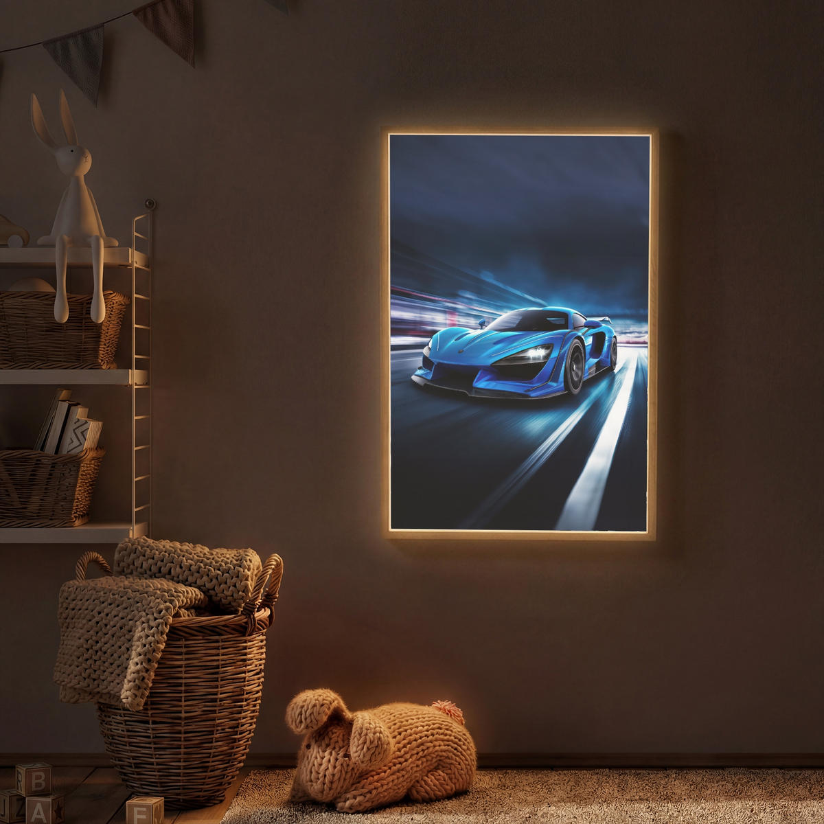 DOBÍJECÍ NOČNÍ LAMPIČKA Auto - Modrá - Chlapci - Dítě 70x100 cm - modrá, kompozitní dřevo (8/70/100cm) - OnlyWow