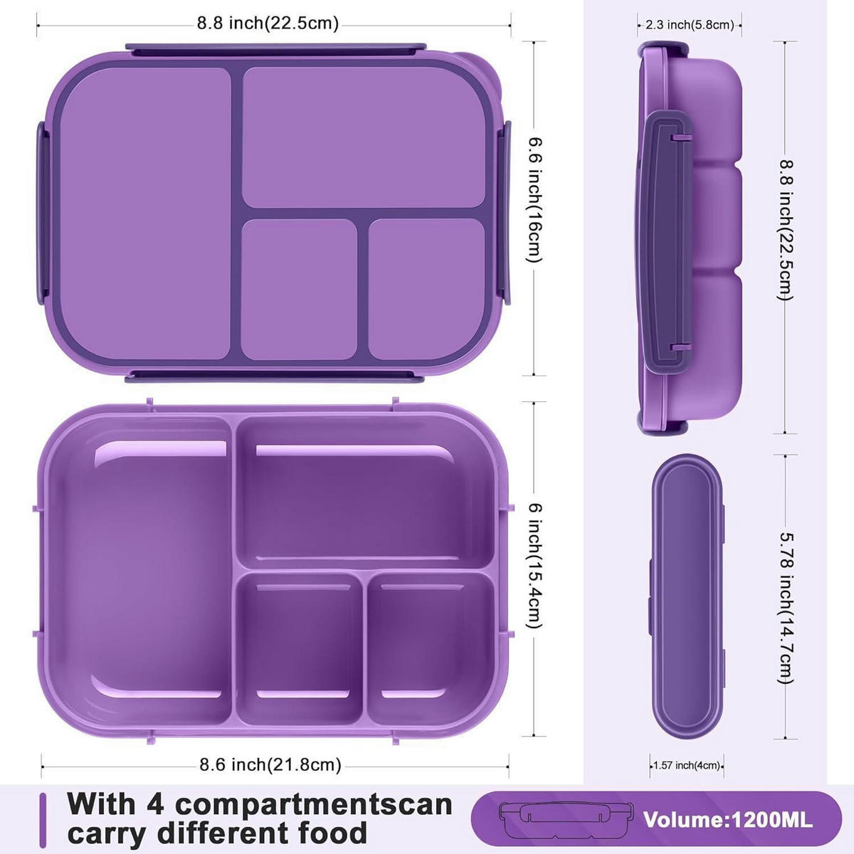 BENTO Box Kinder 1200ml 4 Fächer Lila mit Besteck - Lila, Kunststoff (16/5.8/22.5cm)