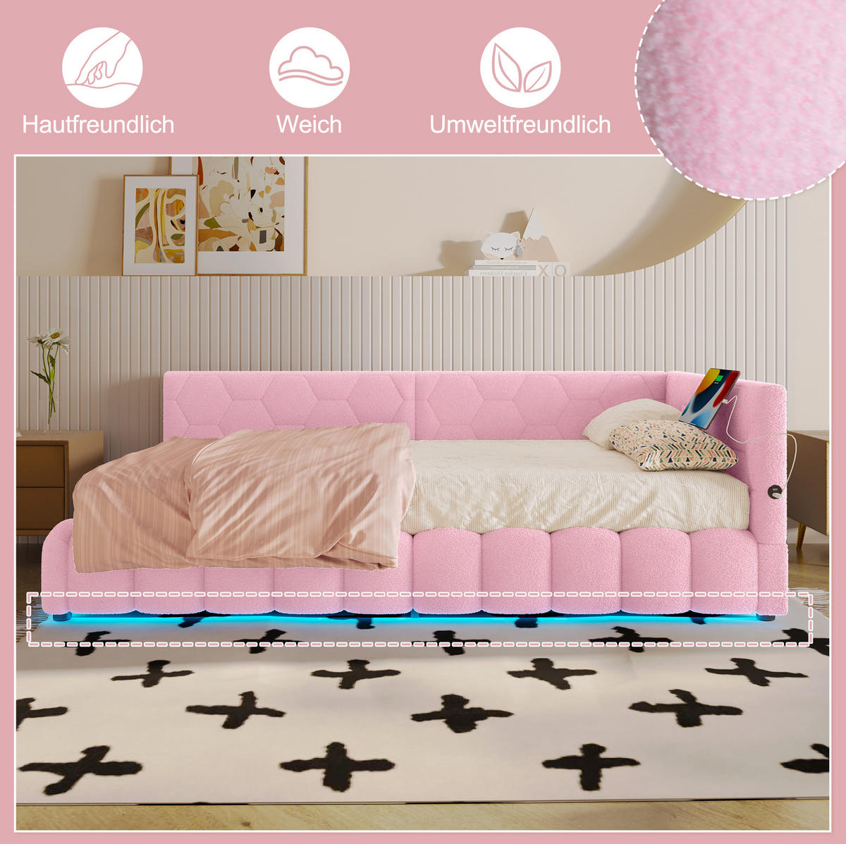 POLSTERBETT 90/200 cm Rosa mit Stauraum und LED-Beleuchtung - Rosa, Textil (90/200cm) - Flora Grace