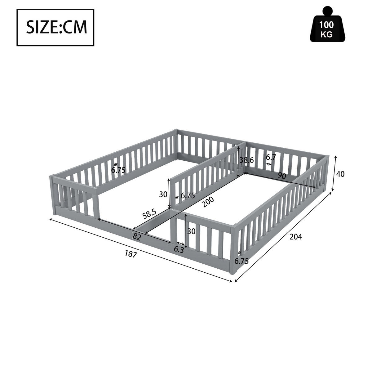 KINDERBETT Kindereinzelbetten 90/200 cm mit Sicherheitsgitter aus Kiefer und MDF, bodennahes Doppelbett, Grau - Grau, Holzwerkstoff (90/200cm) - Redom