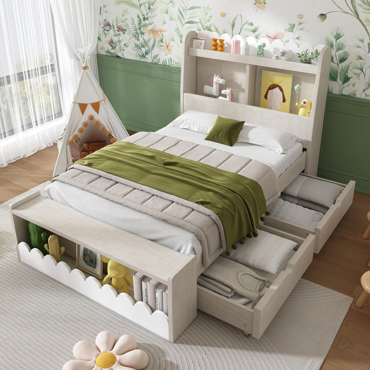 KINDERBETT 90/200 cm aus Massivholz und MDF mit Schubladen, Regal und Sitzbank Weiß/Eichefarben - Weiß, Holzwerkstoff (90/200cm) - Modenvie