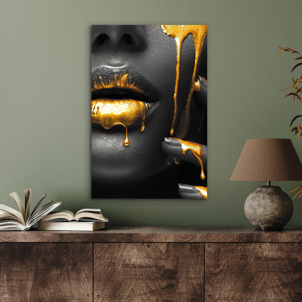 METALLBILD Frau - Schwarz - Gold - Gesicht - Lippen 40x60 cm - Goldfarben, Metall (40/60cm) - MuchoWow