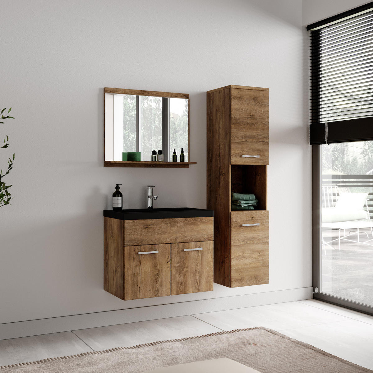 BADMÖBEL-SET Montreal 4 Teile Braun Eiche - Schwarze Waschbecken - 60 x 35 x 51 cm - Eichefarben/Schwarz, Holz (60/51/35cm) - Badplaats