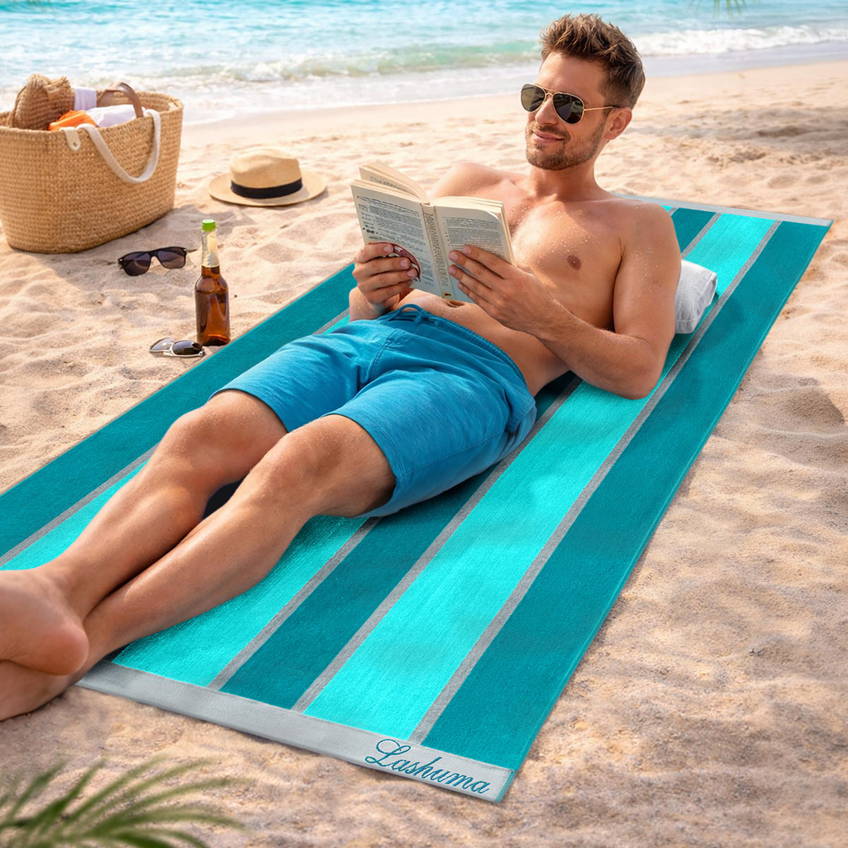 STRANDTUCH Porto 90x180 cm - Türkis/Grün, Naturmaterialien (90/180cm) - Lashuma