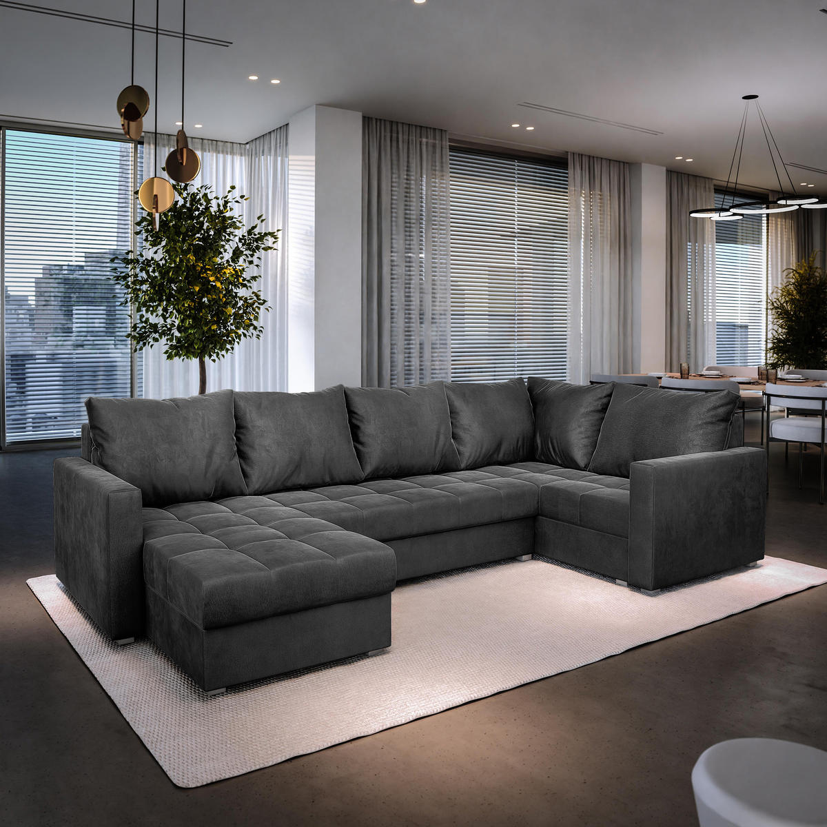 WOHNLANDSCHAFT LORIVO L-S Grau Plüsch-Stoff mit Schlaffunktion - Grau, Holz (285/85/150cm) - MASSENO