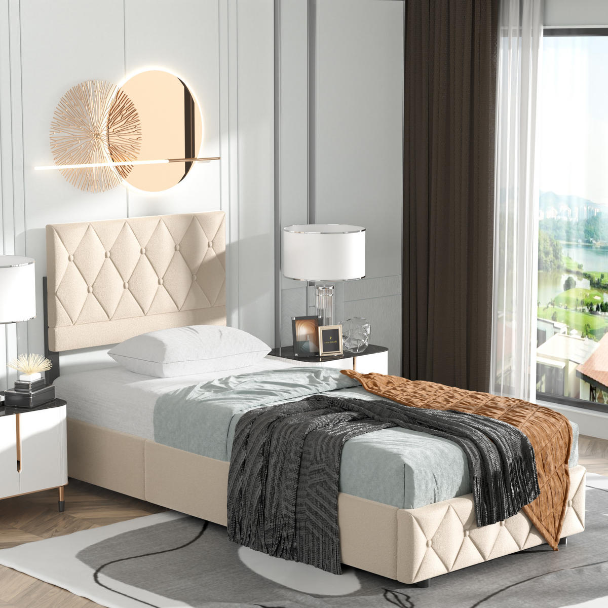 POLSTERBETT 90x190cm Beige mit Knopfnahtverzierung-Kopfteil, mit Bettkasten und Lattenrost - Beige, Holzwerkstoff/Textil (90/190cm) - EVRYAE