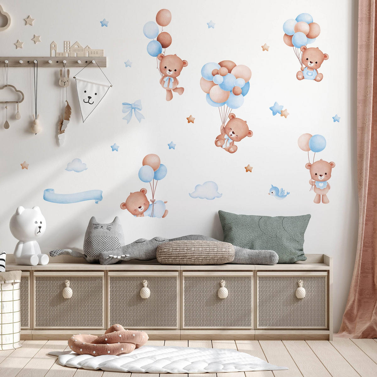 WANDSTICKER Teddybären Ballons Sterne Wolken 60x30 - Beige/Braun, Papier (60/30/1cm) - Muralo