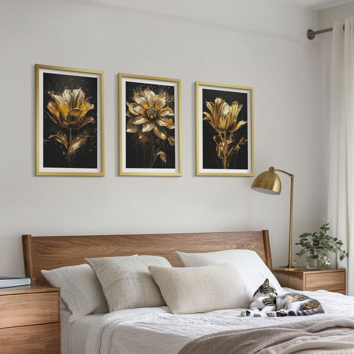 WANDBILDER 3er Set - 40x60 cm Goldrahmen - Gelbe Blüten auf dunklem Hintergrund - Goldfarben, Kunststoff (40/60cm) - ArtPrintCave