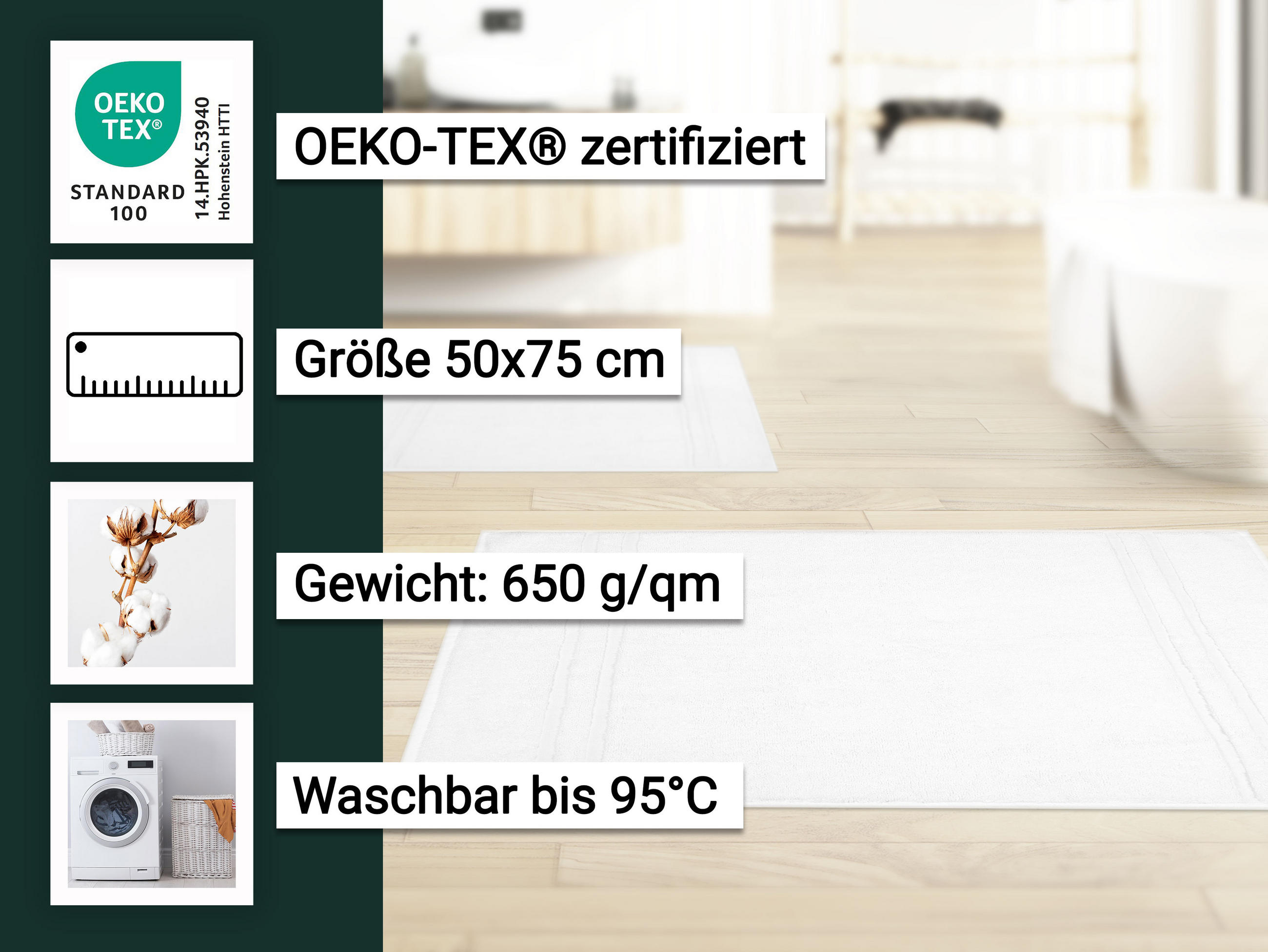 BADEMATTE, 2er-Set, 50x75 cm, 100% Baumwolle, Weiß - Weiß, Textil (50/75cm) - Zollner