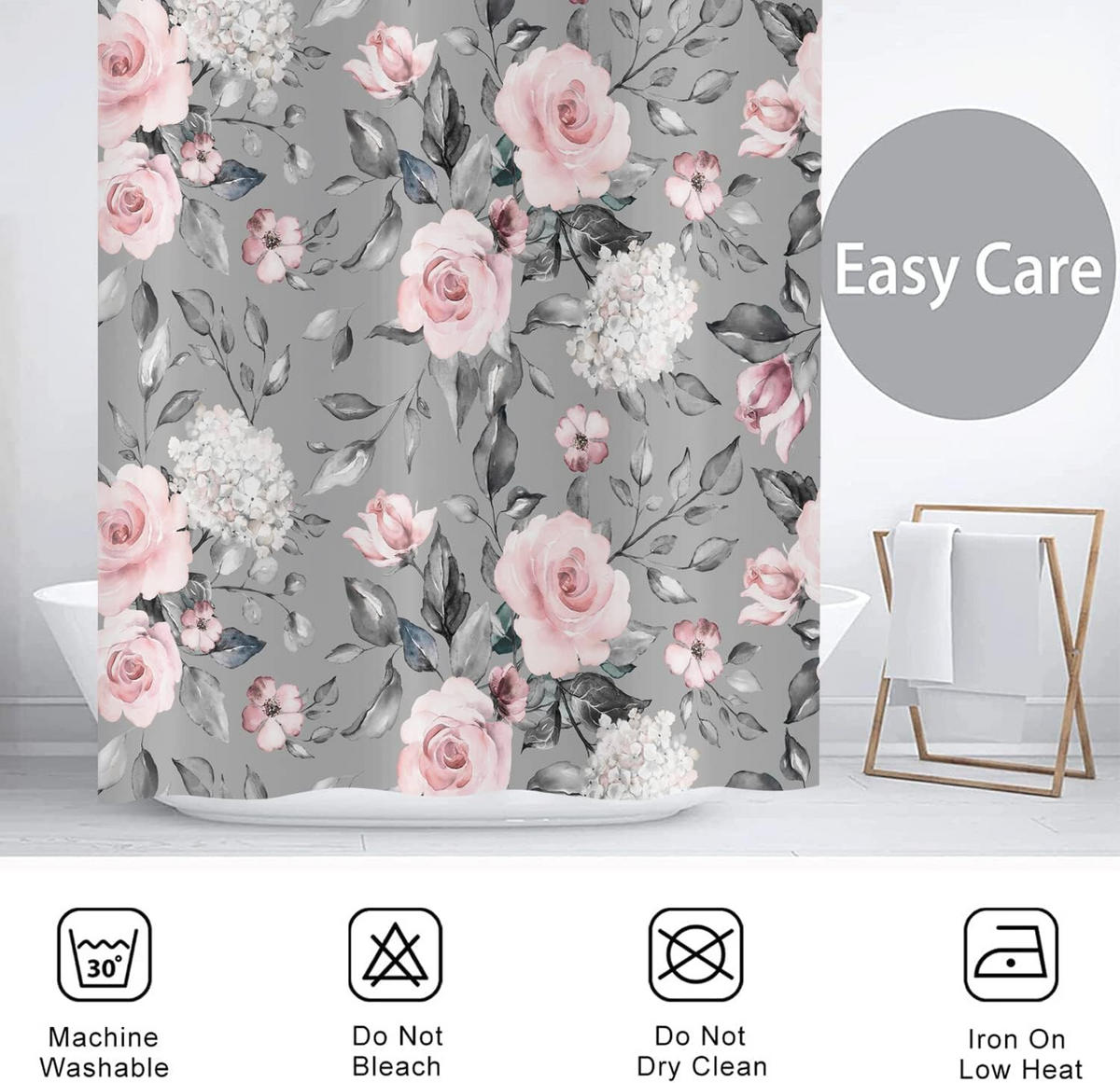 DUSCHVORHANG Rosa Blumen elegant Vintage Aquarell Polyester wasserdicht Badewanne - Multicolor, Textil (180/180cm) - MCBOSON