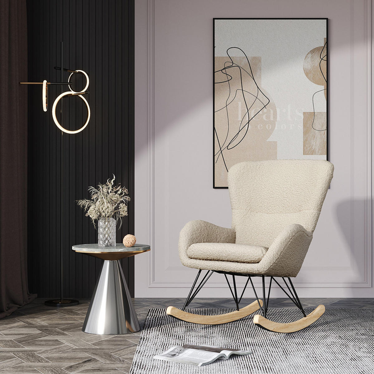 SCHAUKELSESSEL 72/98/100.5 cm Armlehnen Eisenrahmen Fleece Cremefarbe - Creme, Holz/Textil (72/100.5/98cm) - Livingandhome