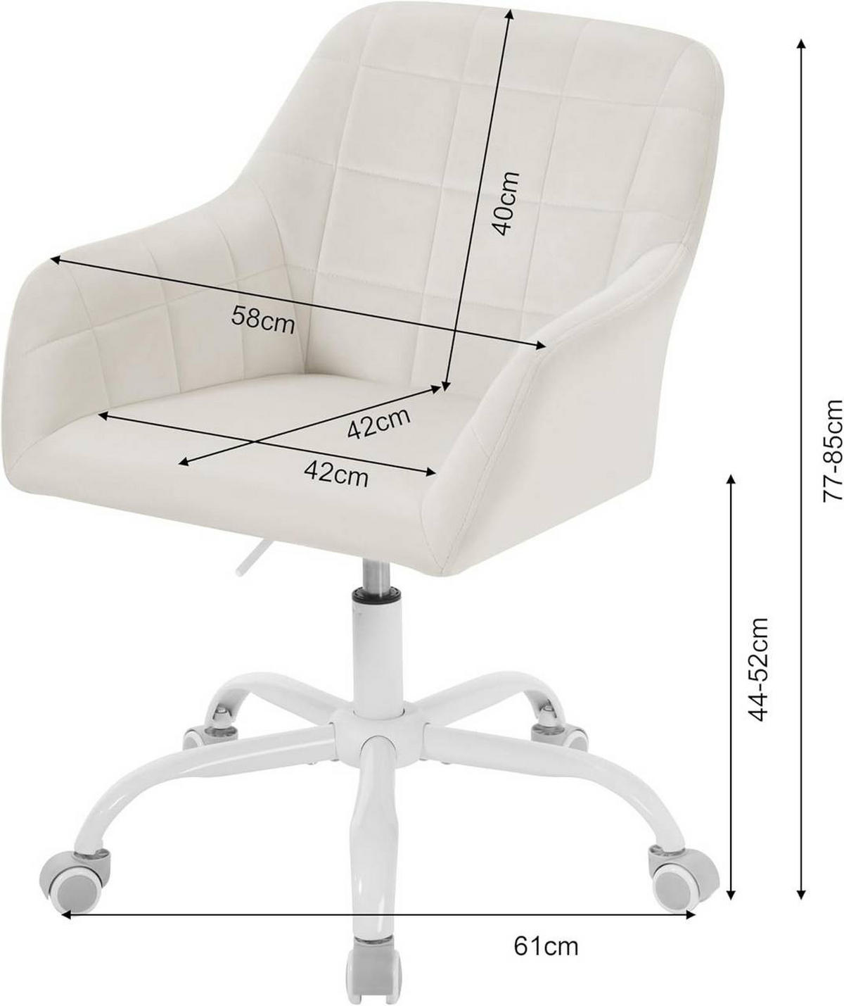 DREHSTUHL drehbar, Bürostuhl ergonomisch, Samt, Cremeweiß - Creme/Weiß, Kunststoff/Textil (58/77/61cm) - Woltu