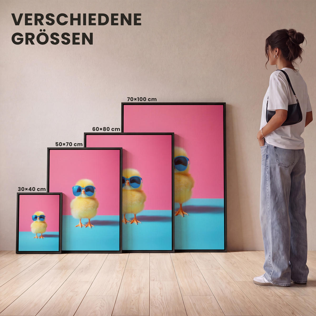 LEINWAND Bilder mit Rahmen - Chick - Sonnenbrille - Blau - 30x40 - Pink, Textil (30/40cm) - MuchoWow