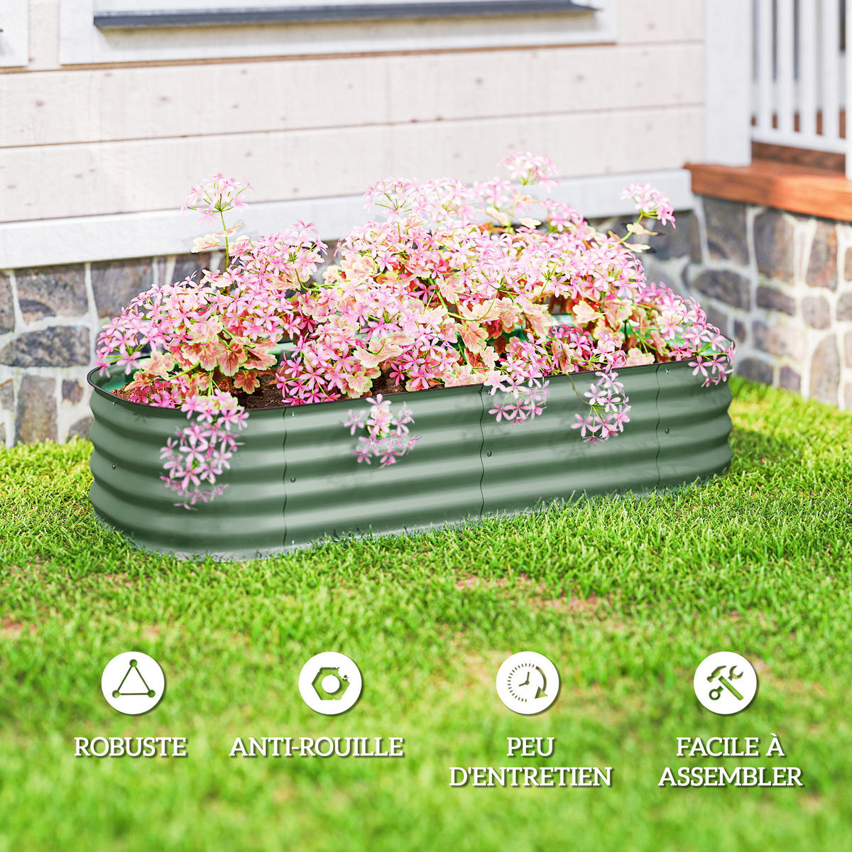 HOCHBEET DE-12148 modular 150/62/30 cm mit Gummikante Grün - Grün, Metall (150/30/62cm) - ComfortXL