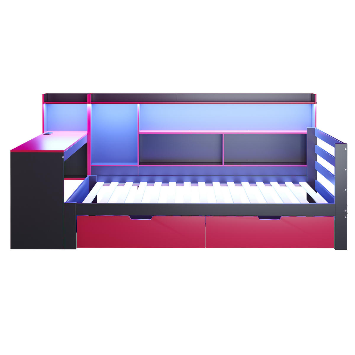 KINDERBETT 90/200 cm DE-01551, in Schwarz + Rot, mit Schreibtisch, Bücherregal und LED - Rot, Holz (90/200cm) - ComfortXL