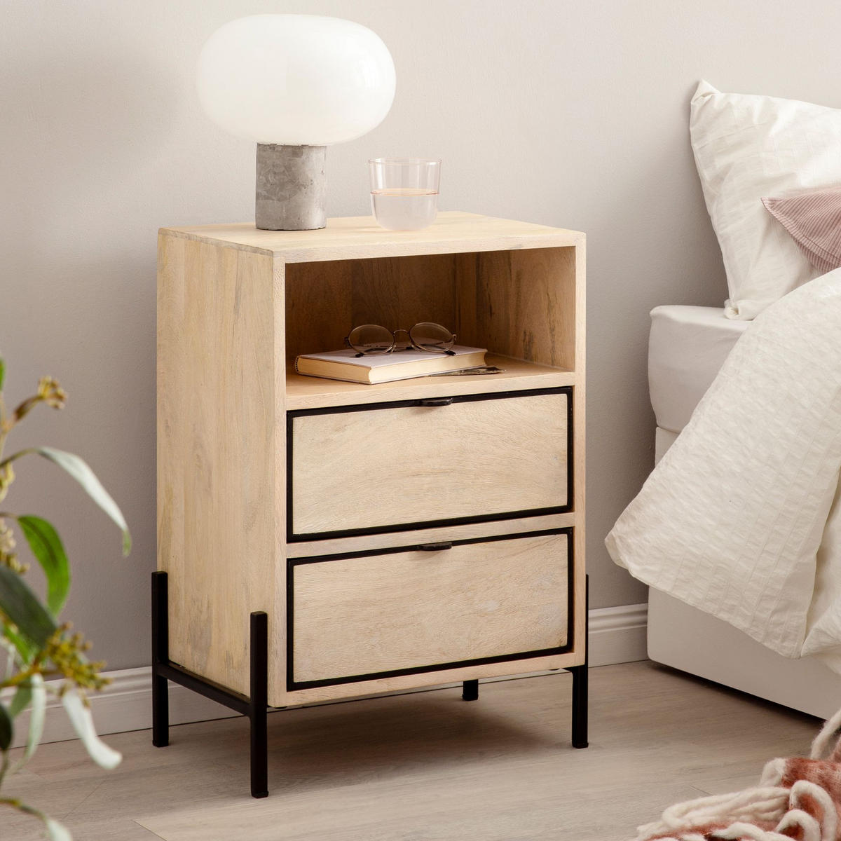 NACHTTISCH – Mango Massivholz/Metall, 43x60x30 cm, 2 Schubladen, braun - Schwarz/Braun, Holz/Metall (43/60/50cm) - KADIMA DESIGN