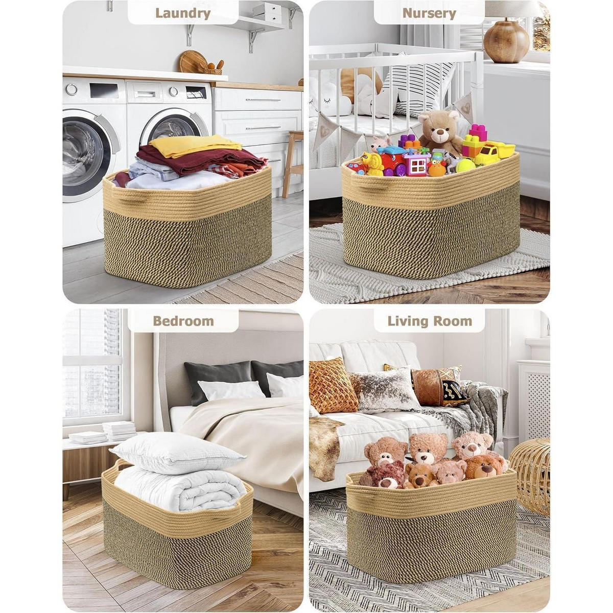 WÄSCHEKORB 2-teiliges Set Baumwolle 63L Jute & Schwarz - Multicolor, Naturmaterialien (55/38/30cm)