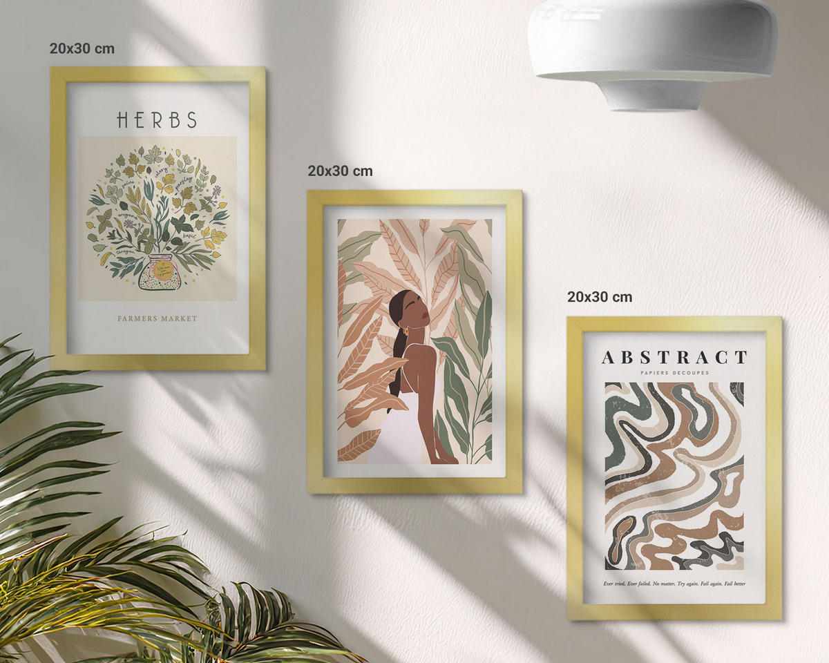 BILDER SET 3er Set - 20x30 cm Goldrahmen - Boho-Pastell-Minimalisten-Poster - Goldfarben, Kunststoff (20/30cm) - TULUP