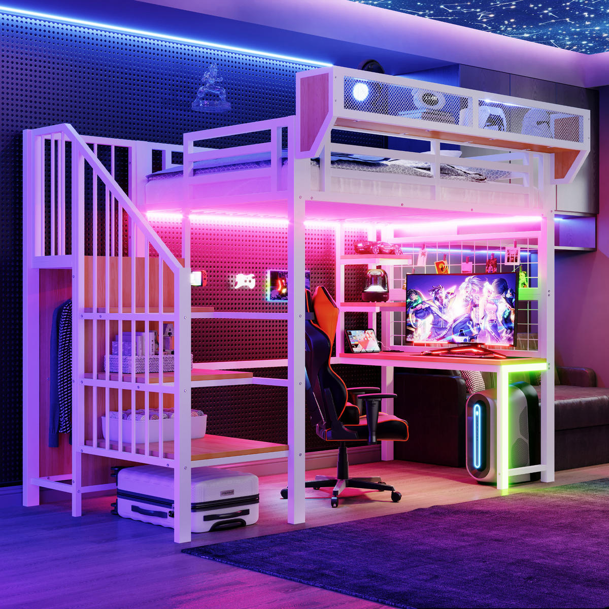 HOCHBETT 90/200 cm DE-01538, in Weiß, mit Schreibtisch, LED-Beleuchtung und Steckdose - Weiß, Metall (90/200cm) - ComfortXL