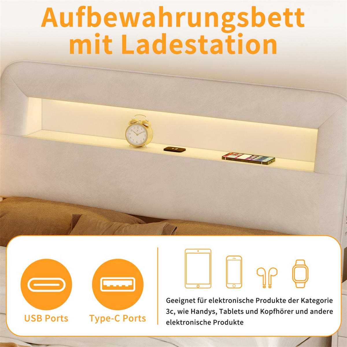 POLSTERBETT 140 x 200 cm - offene Seitenregale mit LED-Beleuchtung und Schubladen - ohne Matratze - Cremeweiß - Creme, Textil (140/200cm) - DELFA