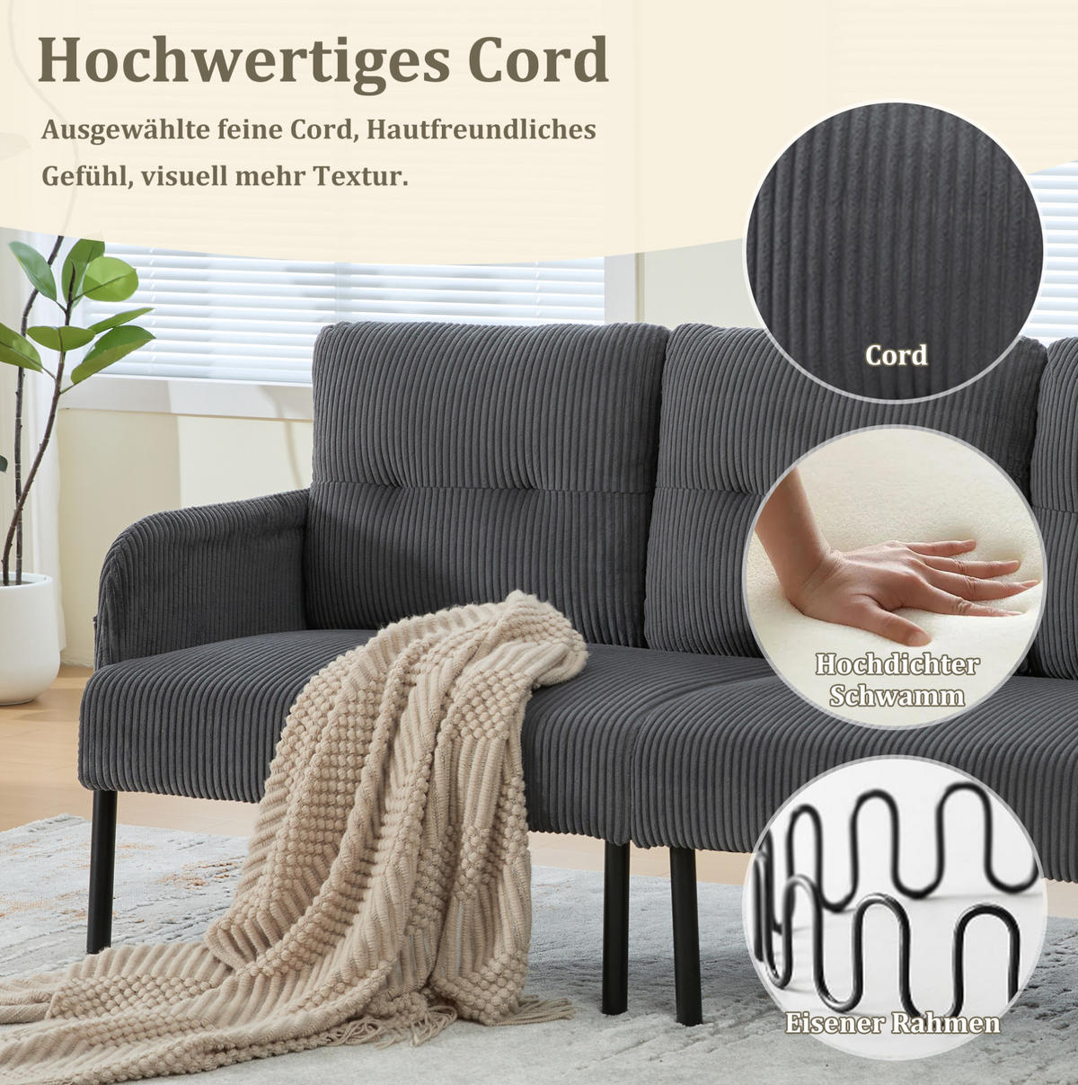 3-SITZER-SOFA 171/72/80 cm aus Cord mit Seitentasche Grau - Grau, Textil (72/80/171cm) - Modenvie