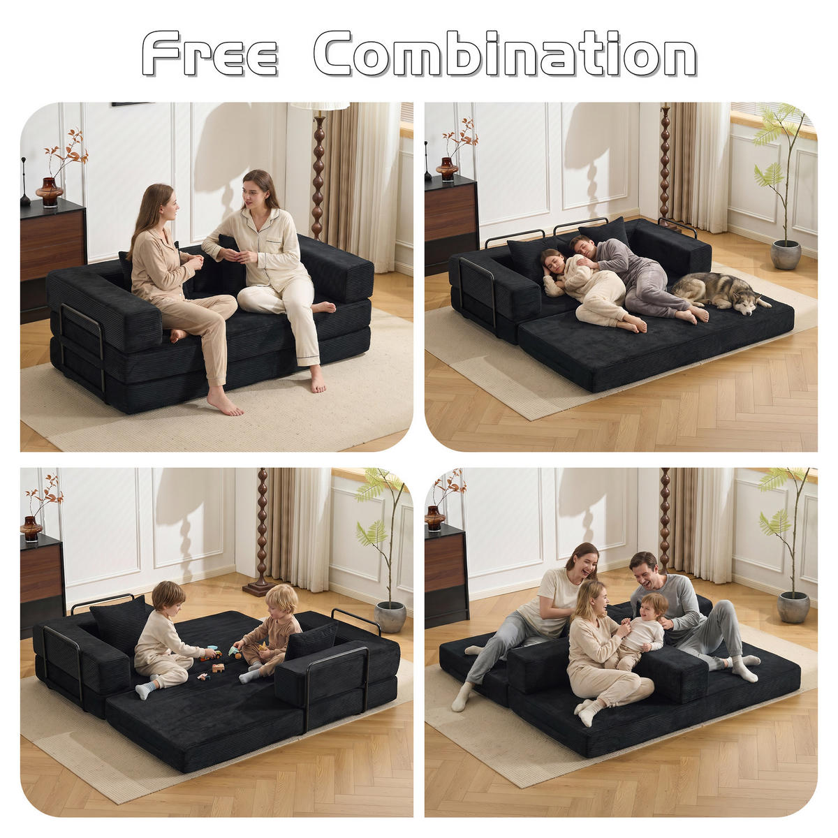 SCHLAFSOFA 2-in-1 faltbar aus Cordstoff, DE-42533, Schwarz - Schwarz, Textil (185/60/92.5cm) - ComfortXL