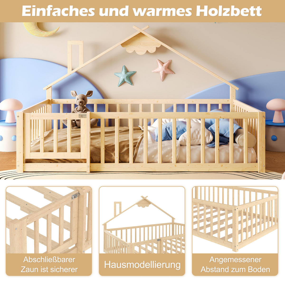 POLSTERBETT 140/190 cm Natur aus Kiefernholz und MDF mit Geländer - Naturfarben, Holz (140/190cm) - OKMYHOME