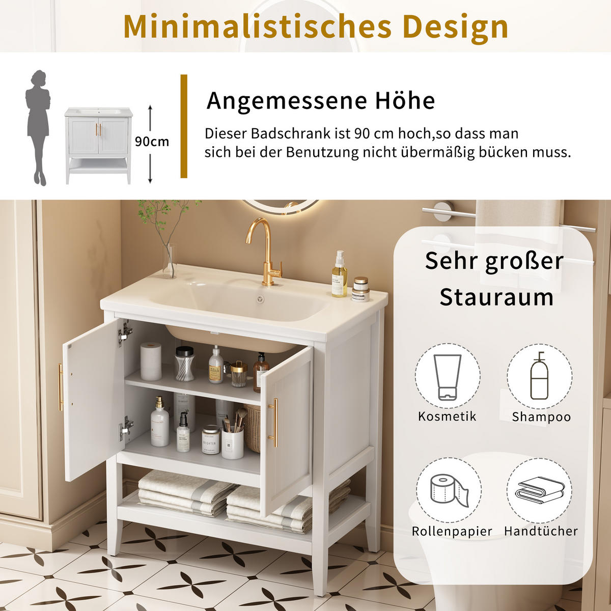 WASCHTISCH mit Unterschrank 80cm Keramikbecken Weiß - Weiß, Holzwerkstoff (80/89/47cm) - Urban Meuble