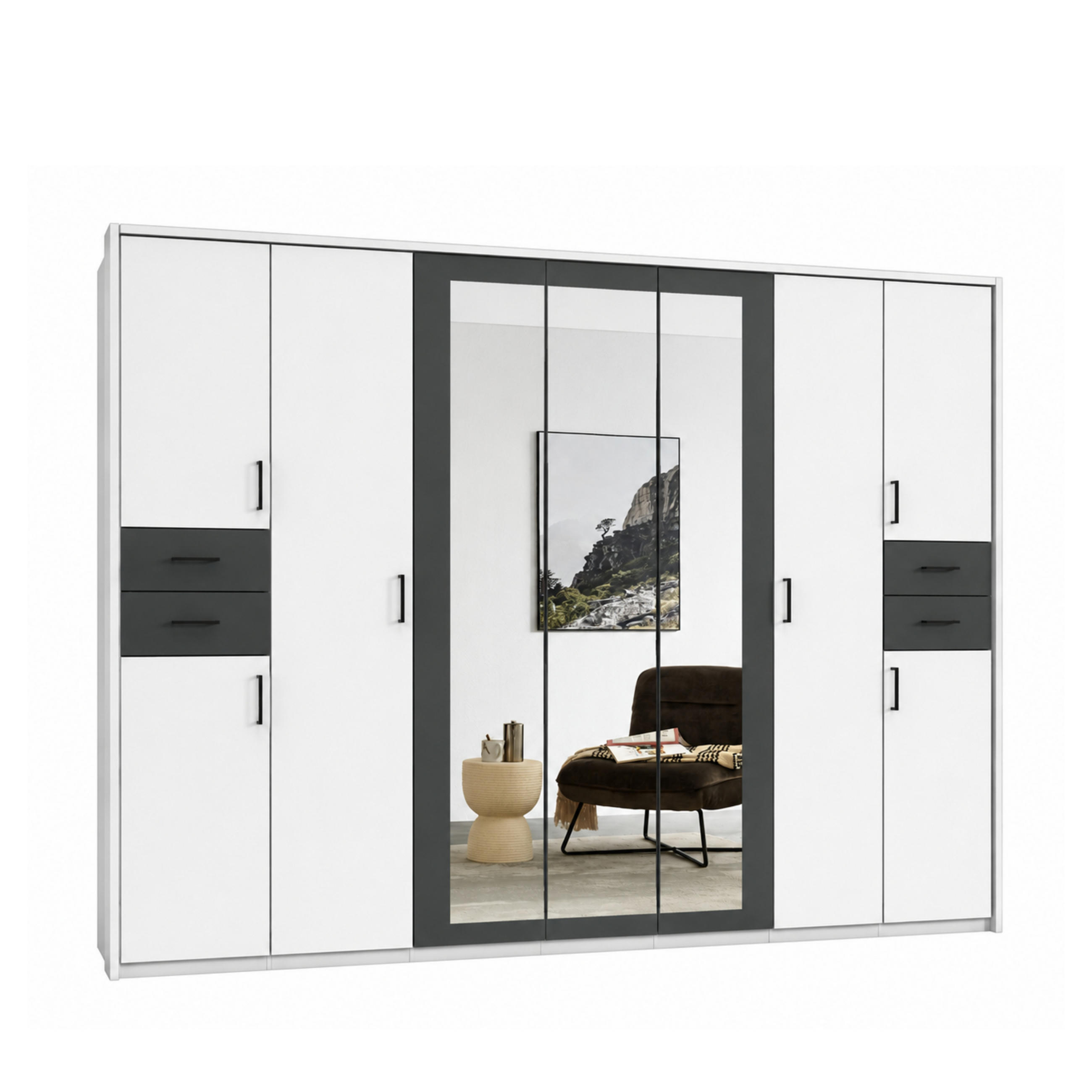 luma-home SKŘÍŇ S OTOČNÝMI DVEŘMI Š313/V210/H58 cm, bílá s grafitovými akcenty, s paspartou, 3 zrcadlovými dveřmi a zásuvkami, černé úchytky / 22584