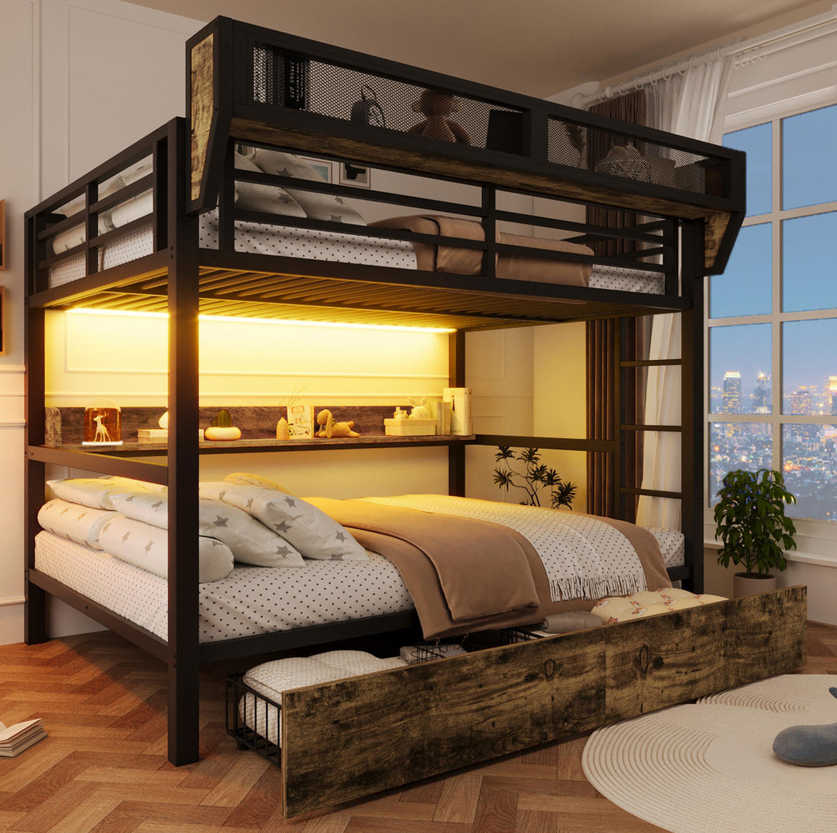 ETAGENBETT 140/200 cm aus Metall und MDF mit LED-Licht und Stauraum Schwarz - Schwarz, Holzwerkstoff (140/200cm) - Modenvie