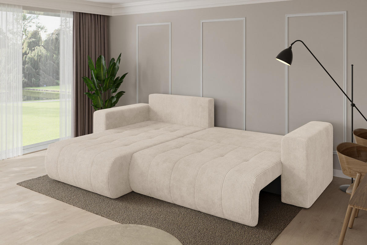 ROHOVÁ SEDAČKA s funkcí spaní, otoman vlevo MILA-L 277x194x86 béžová manšestr - černá/béžová, kompozitní dřevo/textil (277/194cm) - ALTDECOR