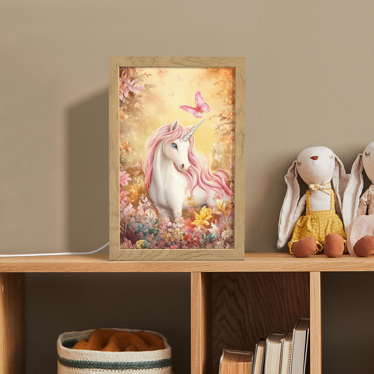 NACHTTISCHLAMPE Einhorn - Blumen - Schmetterling - Rosa 20x30 cm - Beige, Holzwerkstoff (8/20/30cm)