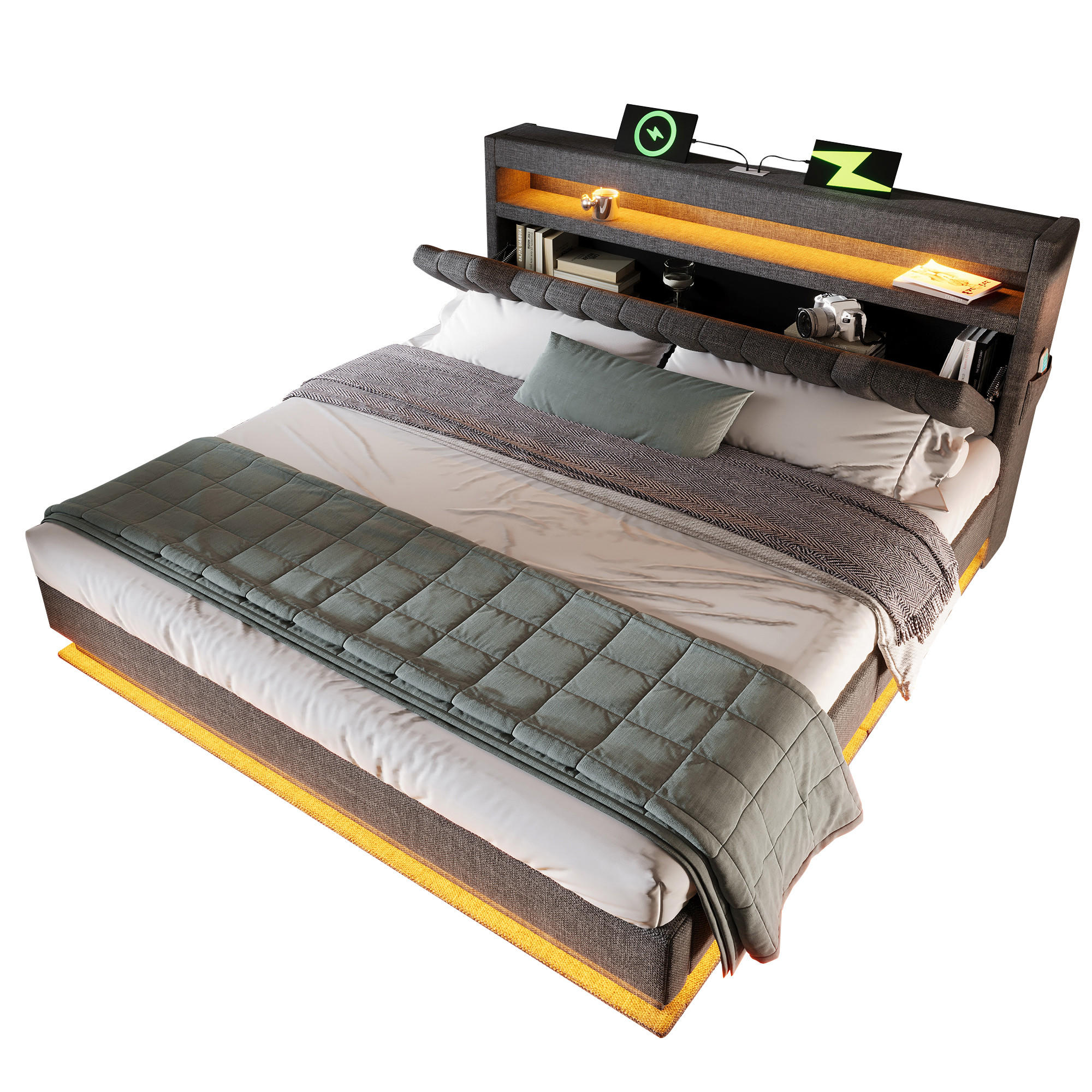 POLSTERBETT 160/200 cm Grau mit Stauraum und LED-Beleuchtung aus Leinen - Grau, Textil (160/200cm) - OKWISH