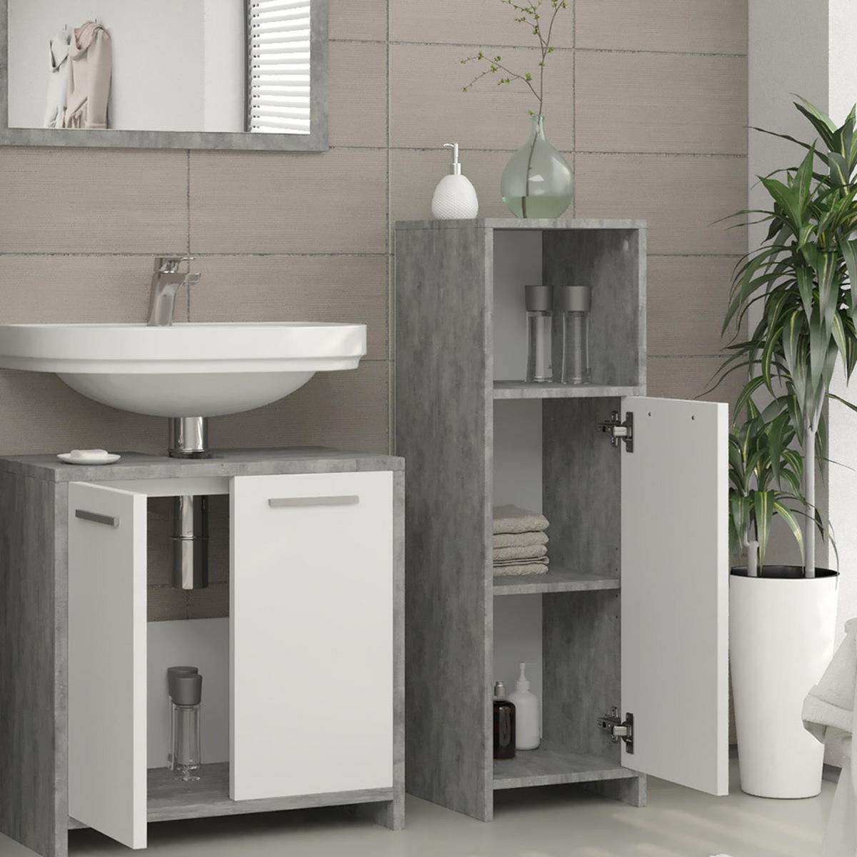 MIDISCHRANK Kiko Beton 30 x 95 cm - Weiß/Grau, Holzwerkstoff (30/95/30cm) - Vicco