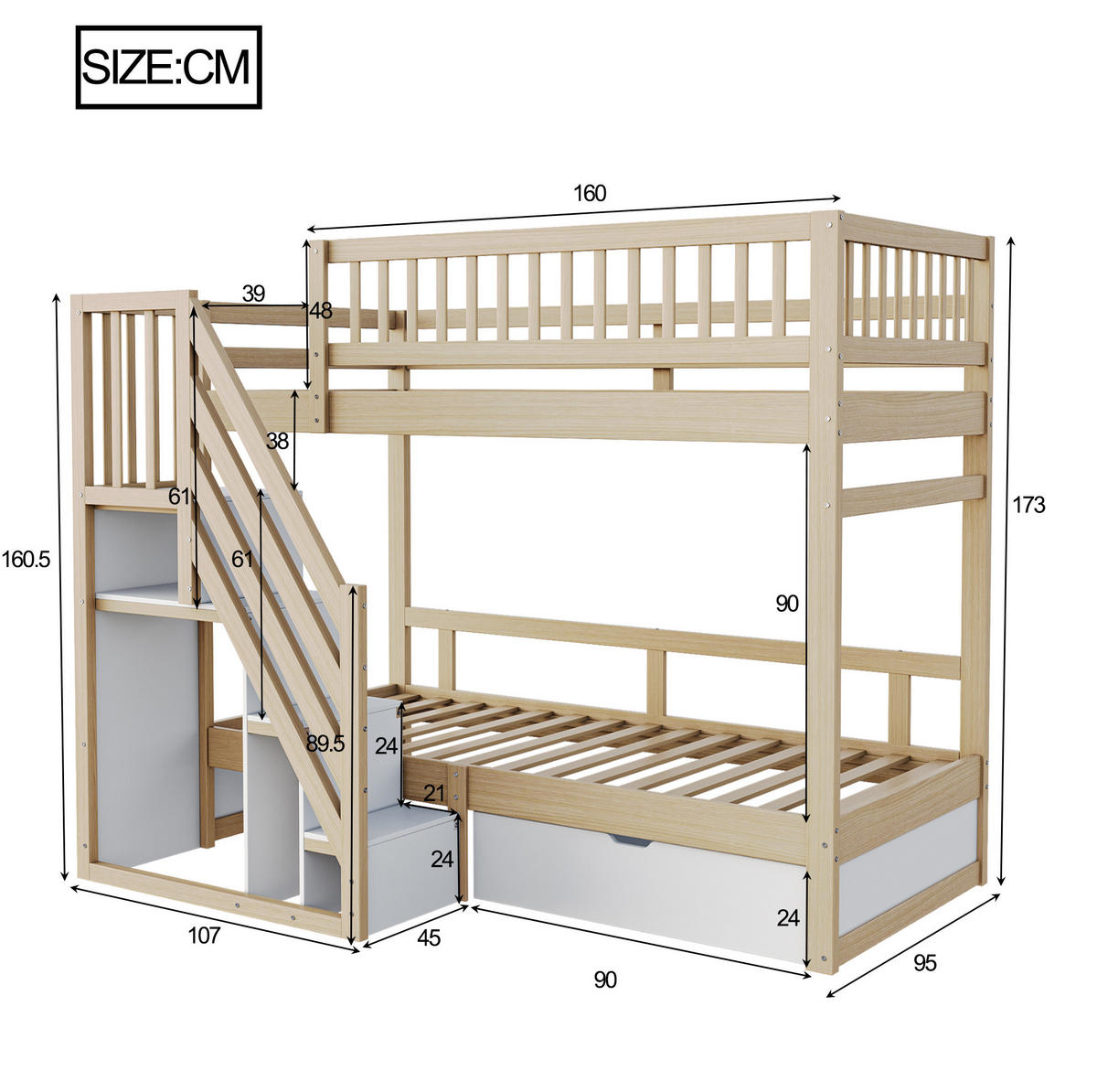 KINDERBETT aus Massivholz 90x200 cm mit Stauraumtreppe & Schublade - Naturfarben, Holz (90/200cm) - Modfu