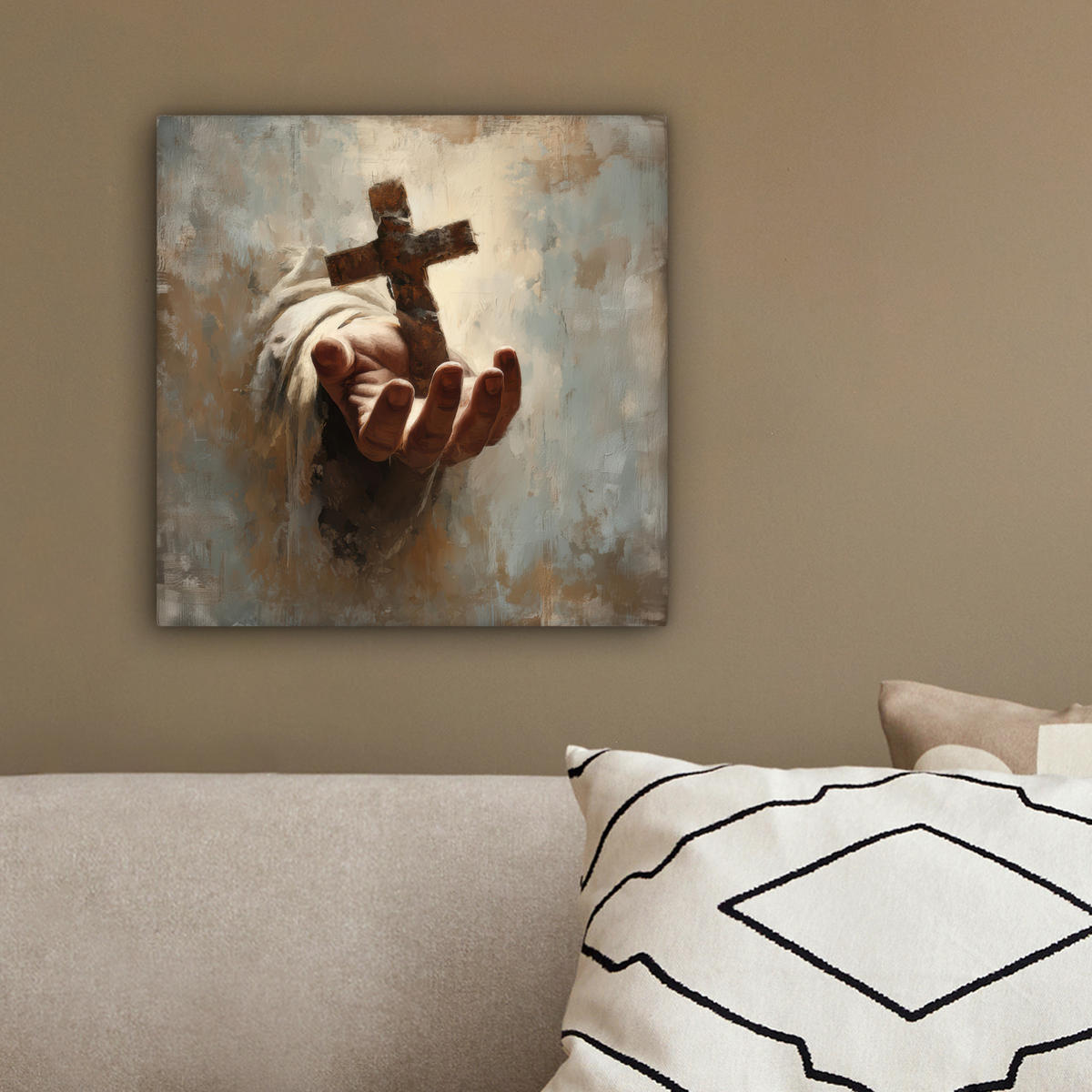 LEINWANDBILD Abstrakt - Kreuz - Hand - Christentum Deko Wohnzimmer 20x20 cm - Hellbraun, Textil (20/20cm) - MuchoWow