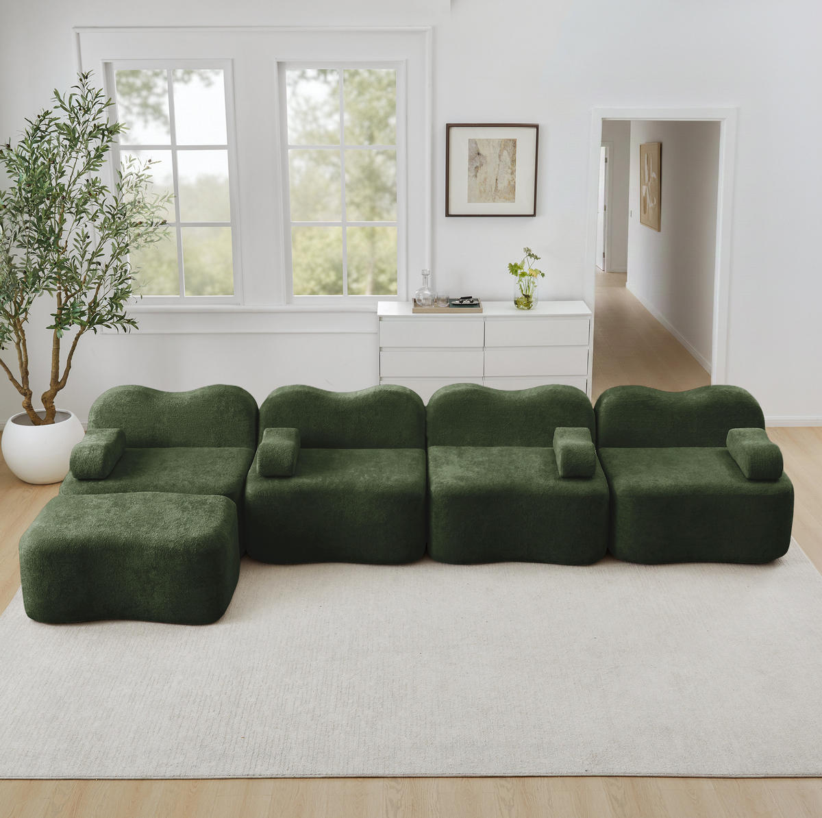 ECKSOFA 384/167/70 cm in Grün aus Samt, modular mit Ottomanen - Grün, Textil (167/384cm) - Flora Grace