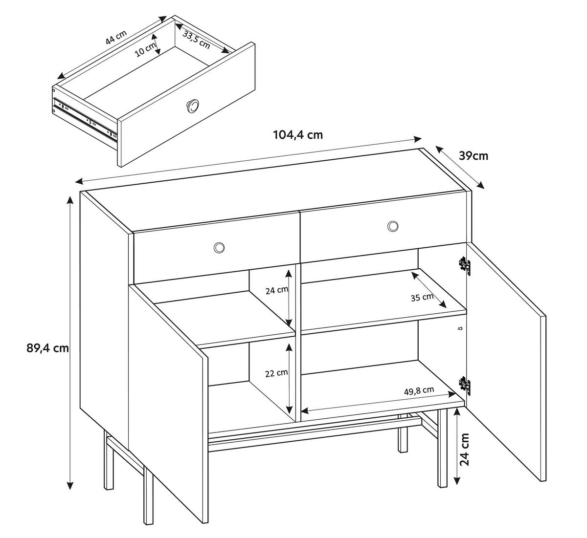 SIDEBOARD Dinley 2T 2S Schwarz 104,4/89,4/39 cm – mit schwarzen Beinen im minimalistischen Design - Schwarz, Holzwerkstoff/Metall (104.4/89.4/39cm) - AX Living