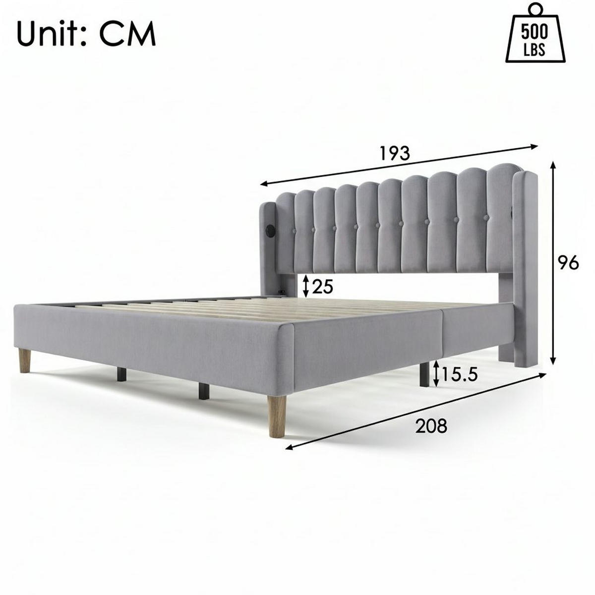 POLSTERBETT 180/200 cm aus Leinen mit USB- und Typ-C-Ladefunktion Grau - Grau, Textil (180/200cm) - Modenvie
