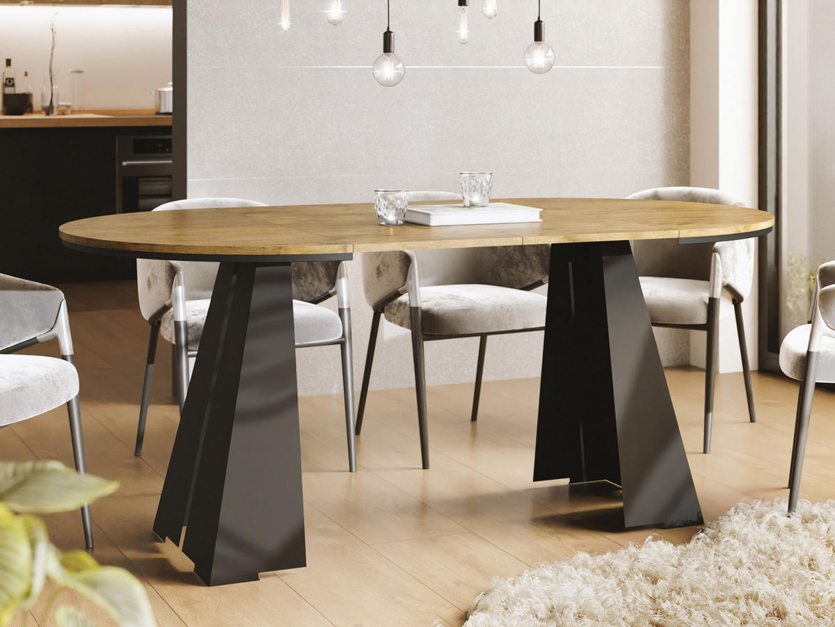 ESSTISCH Kova runder ausziehbarer, Lancelot Eiche 100-180/100/76 cm - Eichefarben/Schwarz, Holzwerkstoff/Metall (100/100/76cm) - WFL GROUP