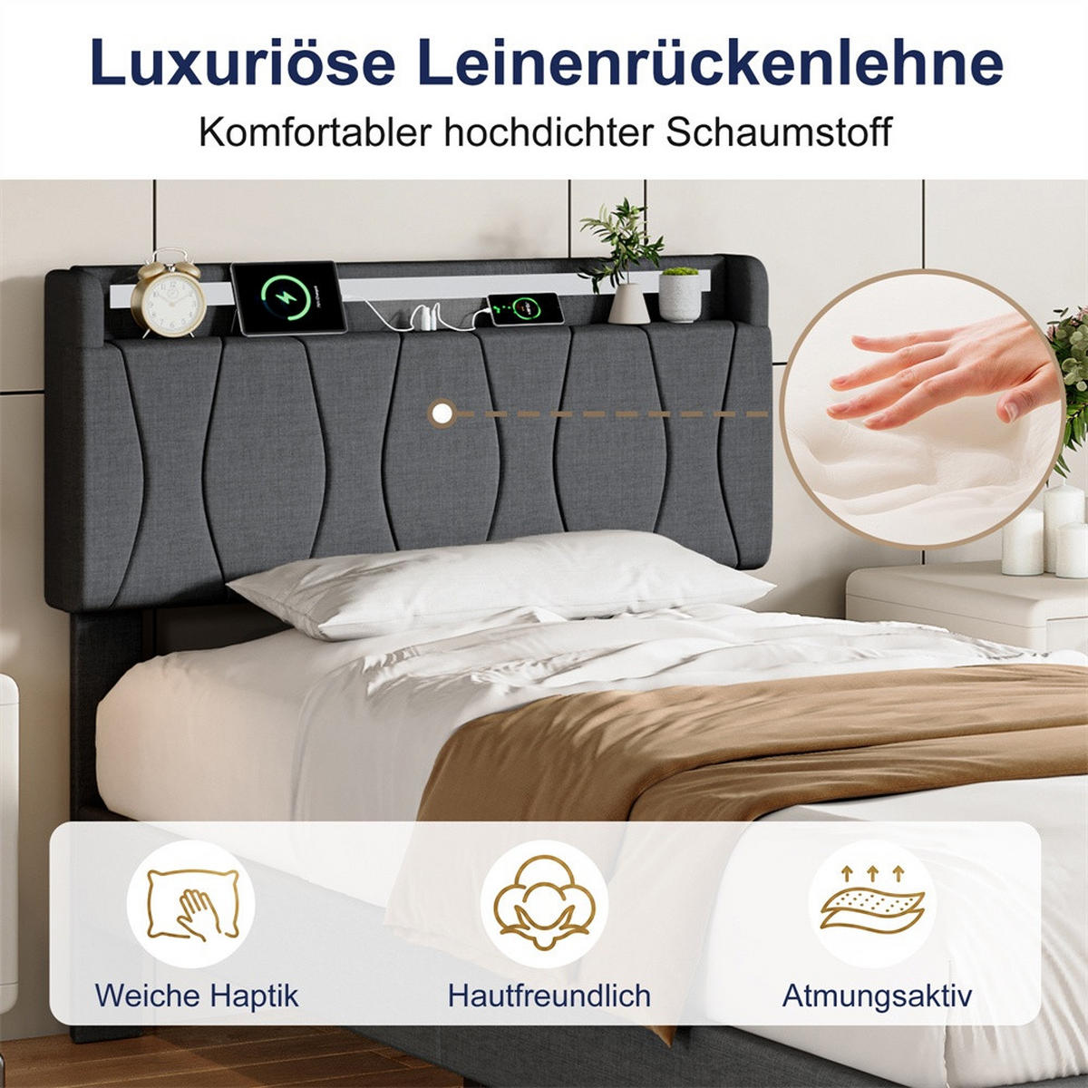 POLSTERBETT 90x200 cm mit LED-Beleuchtung - Kopfteil mit Ladefunktion - Gepolstertes Kopfteil - Grau - Grau, Textil (90/200cm) - DELFA