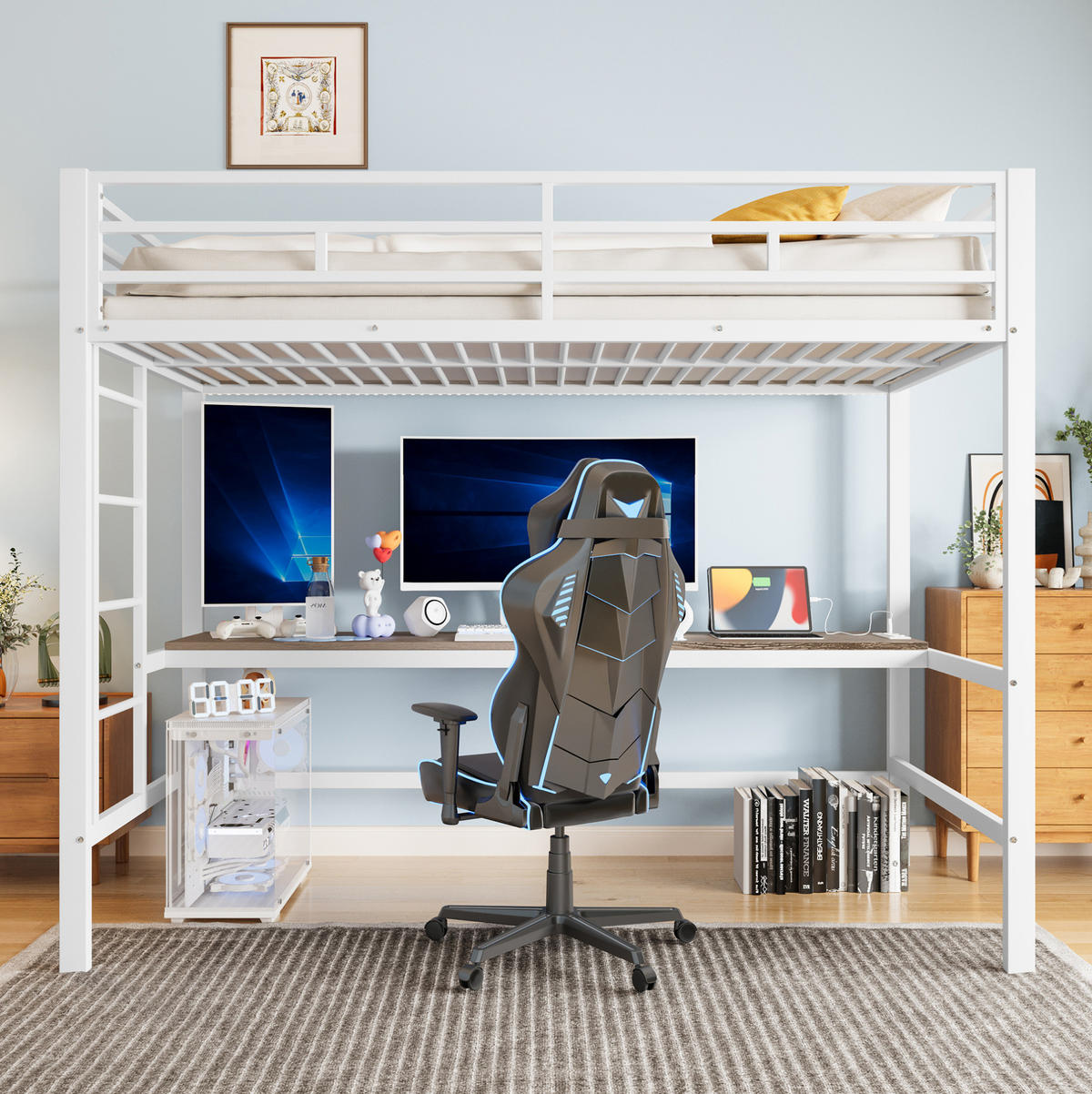 HOCHBETT 90/200 cm, Weiß mit Lerntisch, Trittleiter und Geländer - Weiß, Metall (90/200cm) - MIVRAY
