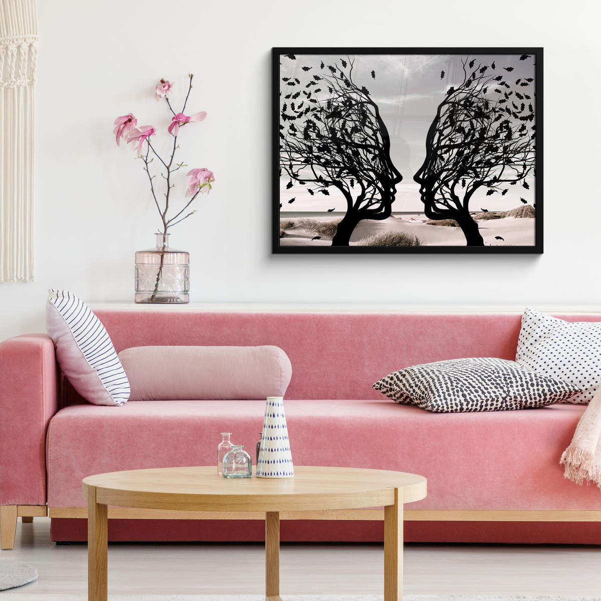 ZARÁMOVANÝ PLAGÁT Pláž - more - ľudia - strom - moderné umenie 80x60 cm - svetlosivá, papier (80/60cm) - MuchoWow