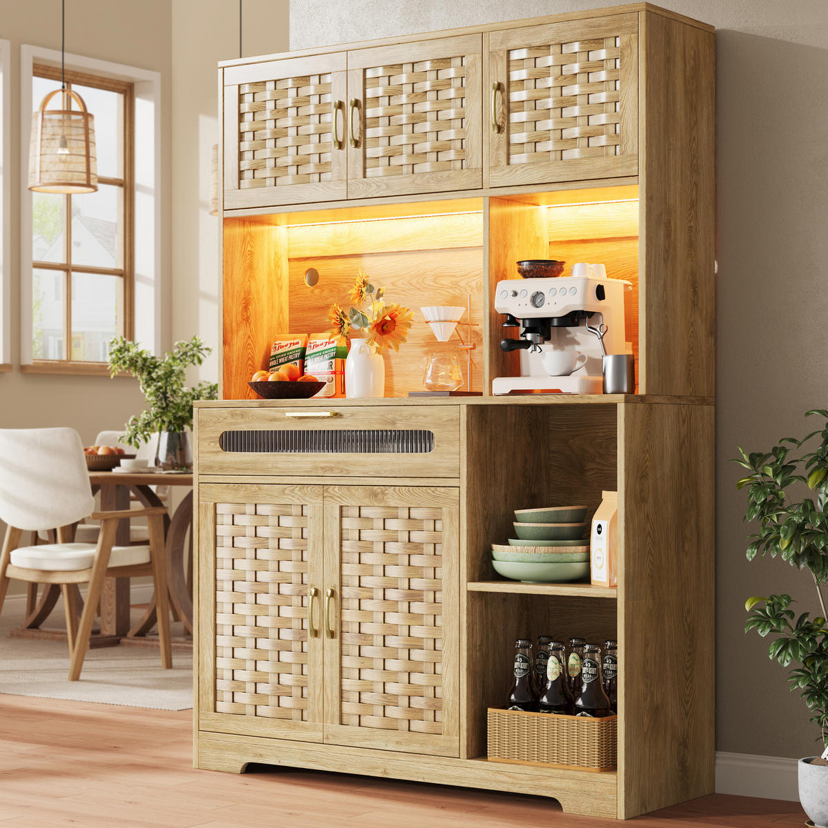 ANRICHTE Hochschrank 120/40/180 cm aus MDF Glas und Metall mit LED-Beleuchtung Natur - Naturfarben, Holzwerkstoff (120/180/40cm) - Modenvie