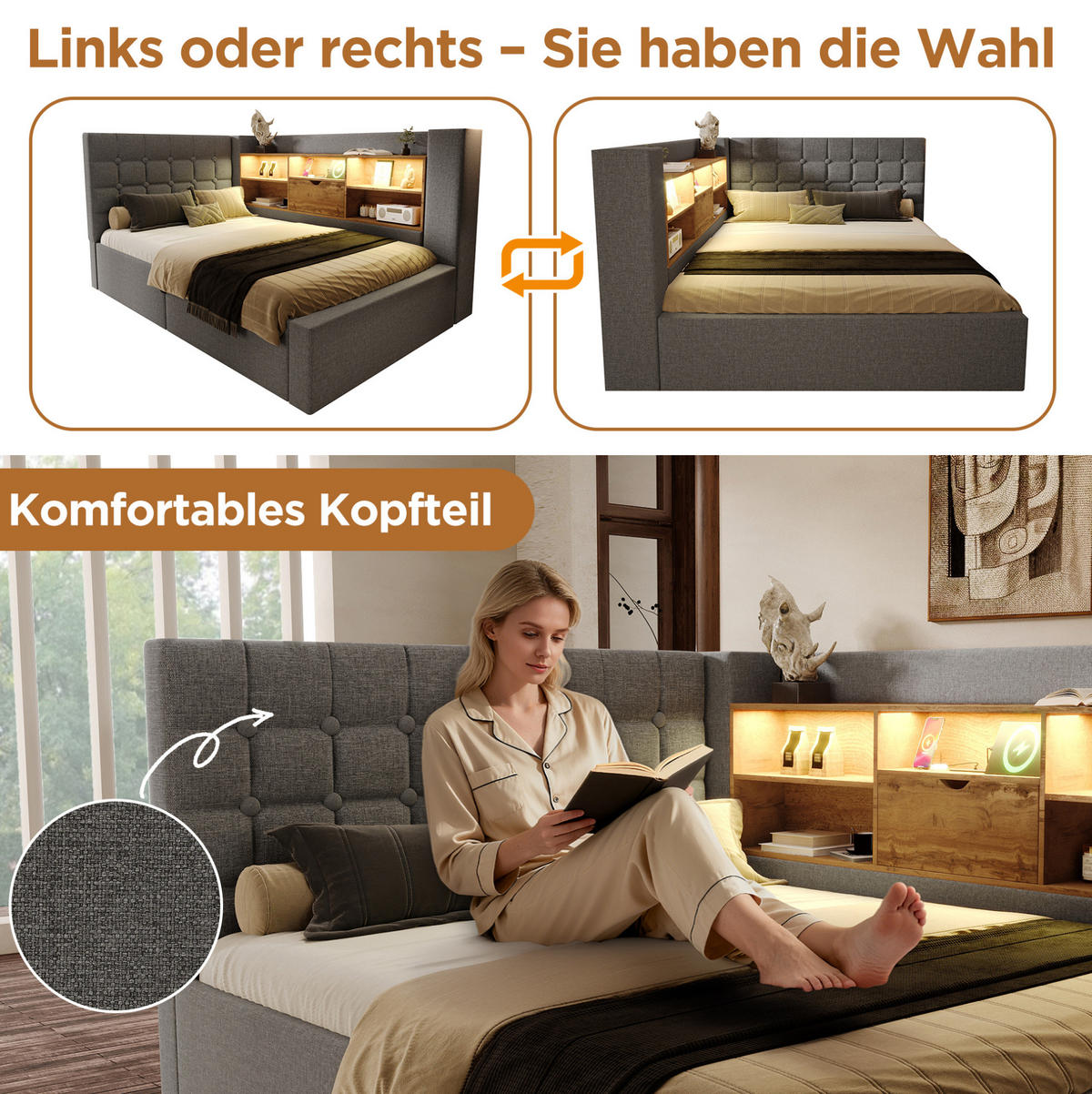 POLSTERBETT 90/190 cm mit LED-Beleuchtung, USB-Anschlüssen, hydraulischem Stauraum und L-Kopfteil, Grau - Grau, Textil (90/190cm) - Redom